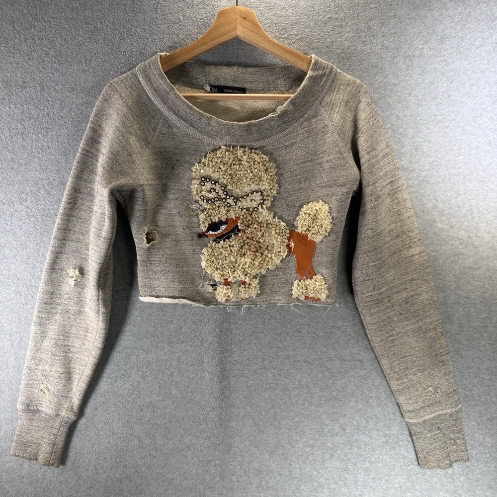 Dsquared2 Women's Distressed Cropped Sweatshirt Poodle Beaded Size Small Gray